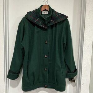 Herman Kay Dark Green Wool Coat with Attached Hood Pockets Jacket, Plaid, Size 8